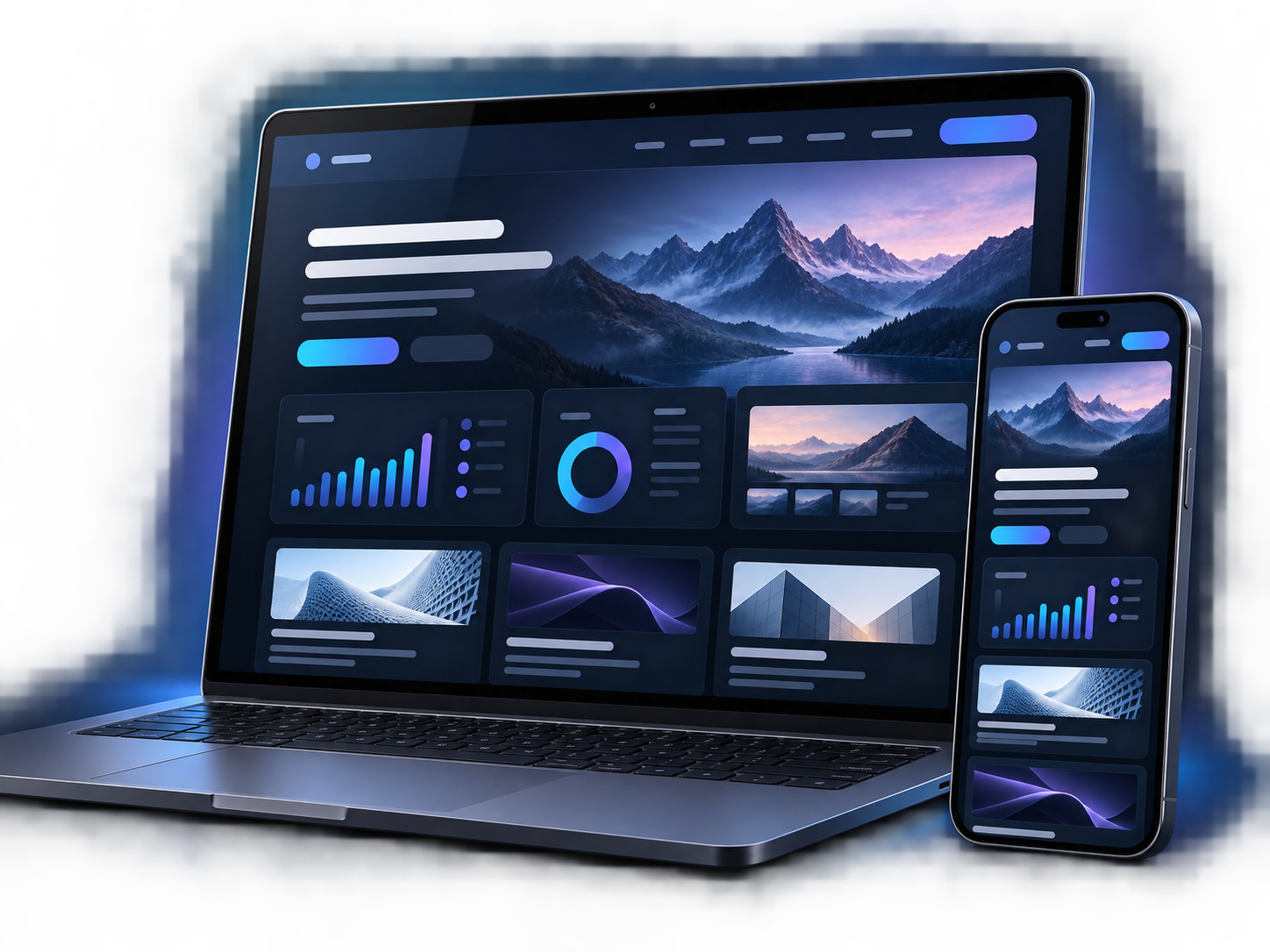 Notebook e smartphone exibindo uma experiência digital responsiva